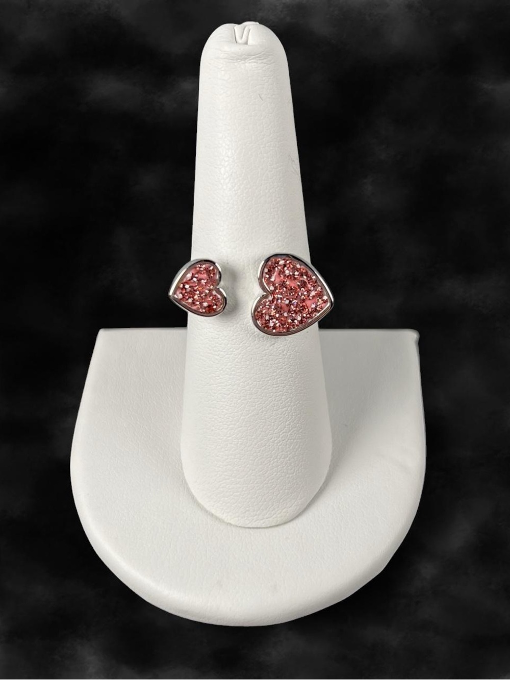 Pink Crystal Double Heart Open Ring 925 Sterling Silver Size 8 Coquette